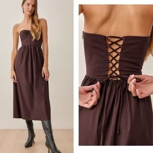 Reformation Buckley Midi Dress Cafe Brown Sleeveless Corset